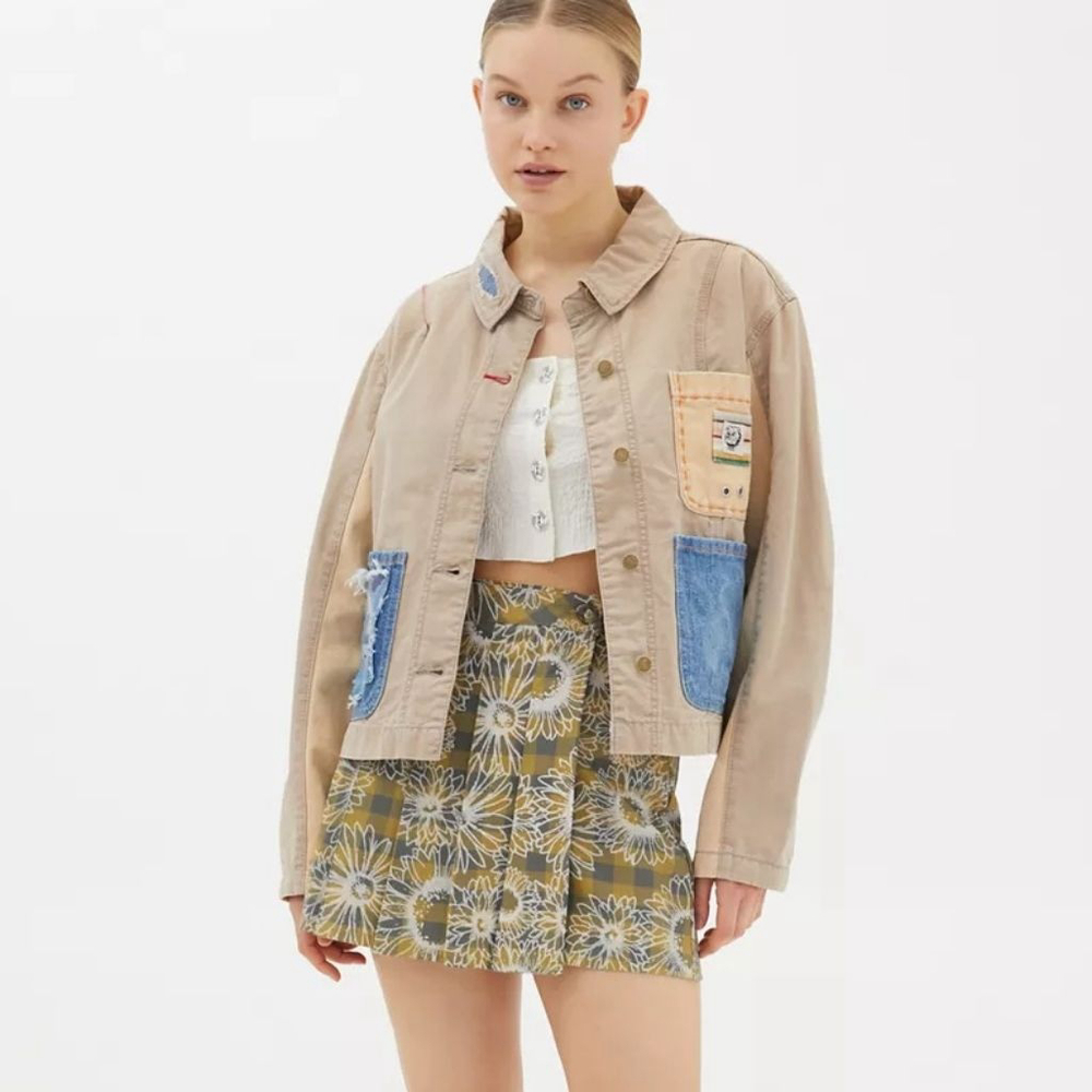 Bdg Lotta Patchwork Chore Jacket Tan Khaki Denim Bomber Women's Size Small S